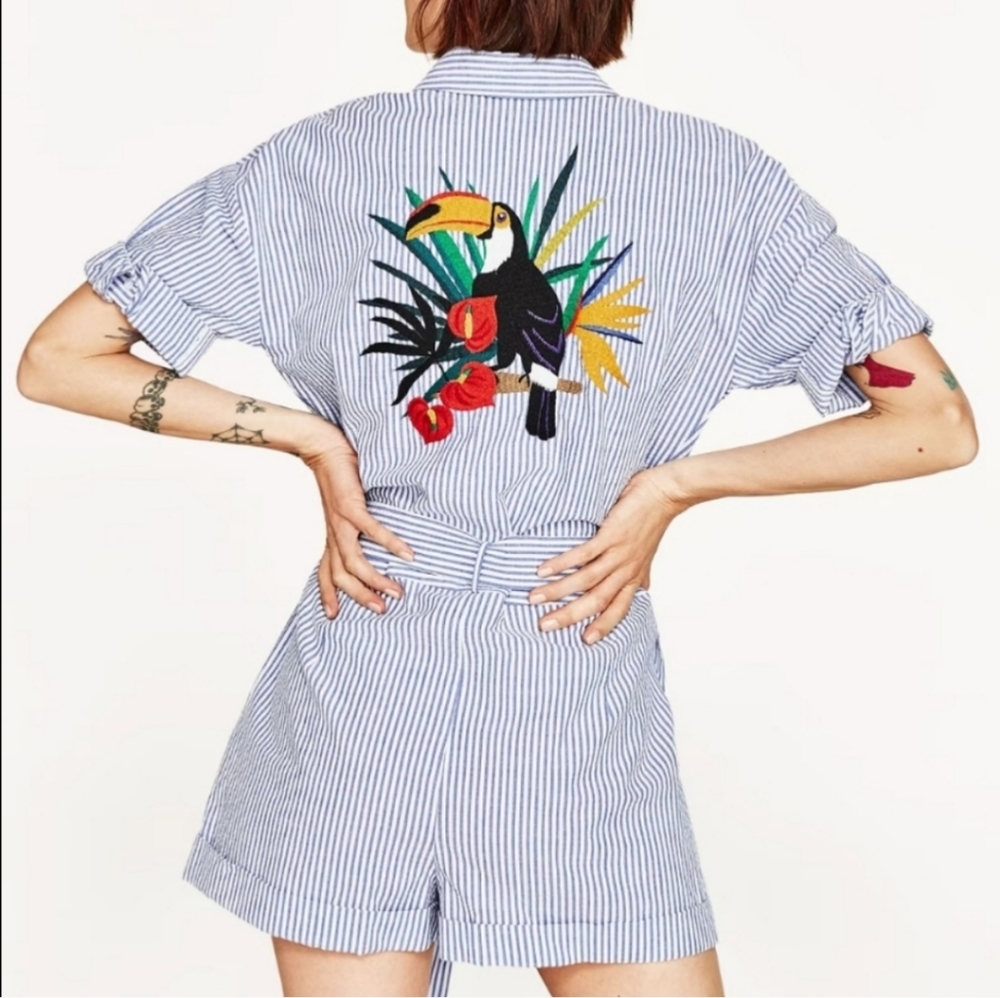 Zara Basic Collection Pin Striped Toucan Romper - image 1
